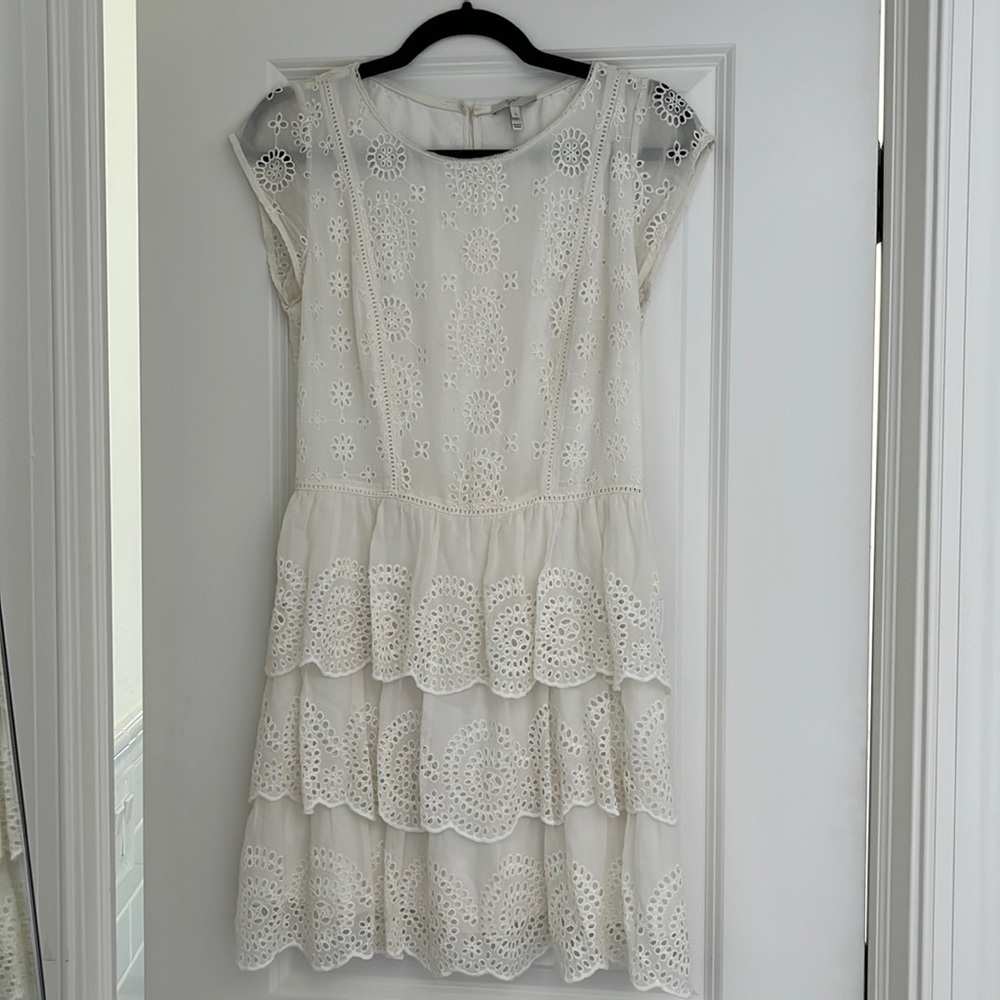 Joie Mini White Lace Ruffle Dress